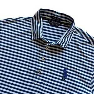 Polo Golf Ralph Lauren Vintage Lisle Shirt Men M Blue White Stripe Prep Big Pony